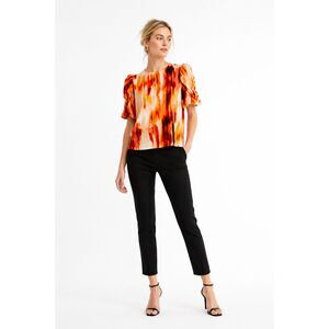 DKNY Smudge Print Puff Sleeve Blouse Orange Pink Abstract Business Top NEW M